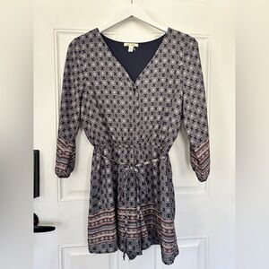 miami Navy and Pink Printed Long-Sleeve Romper with Tie Waist